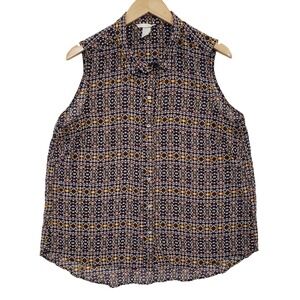 HM Sleeveless Geometric Tribal Print Button Down Blouse Navy Mustard Size 14